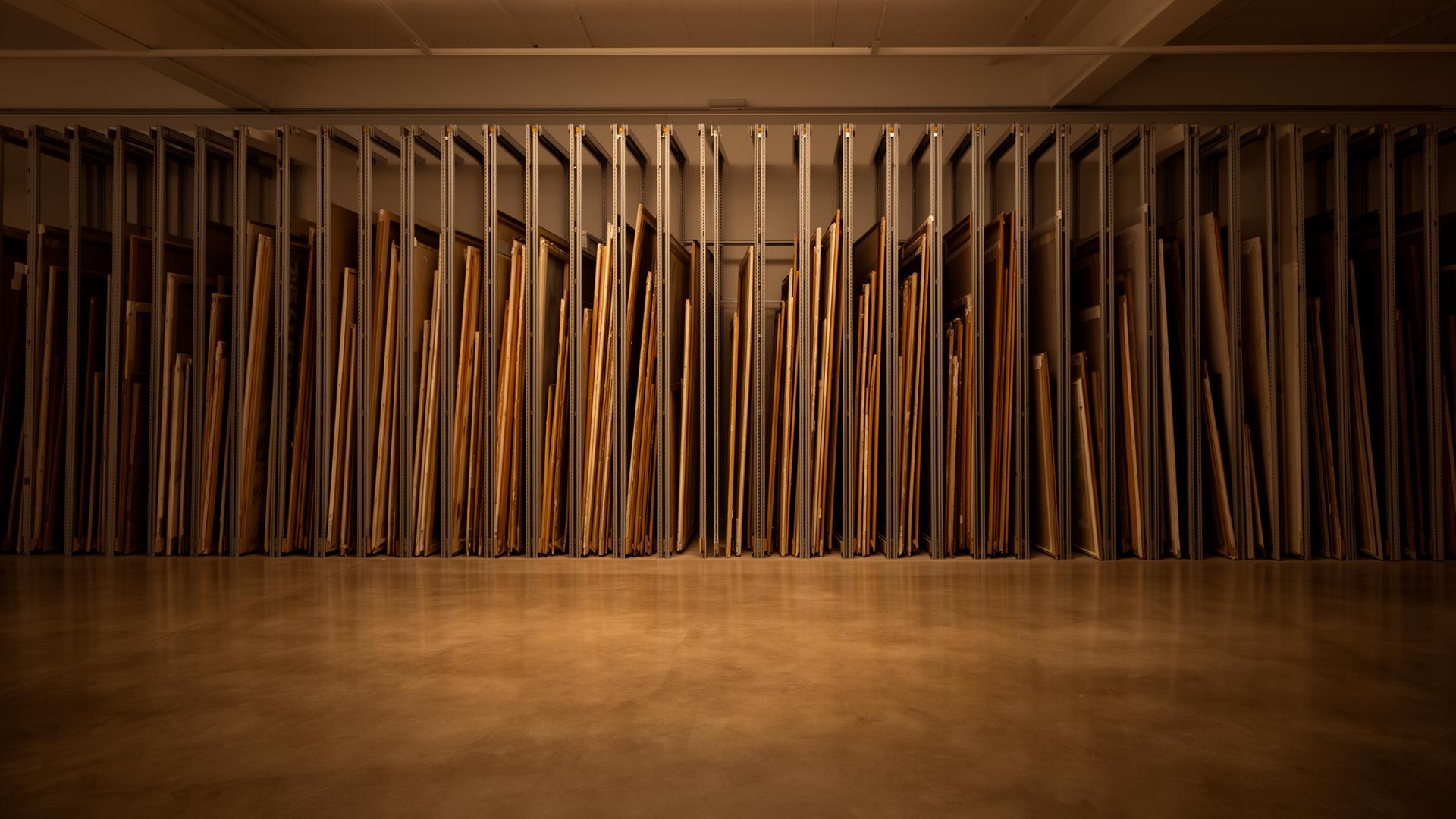 Archive racks of stretched canvases