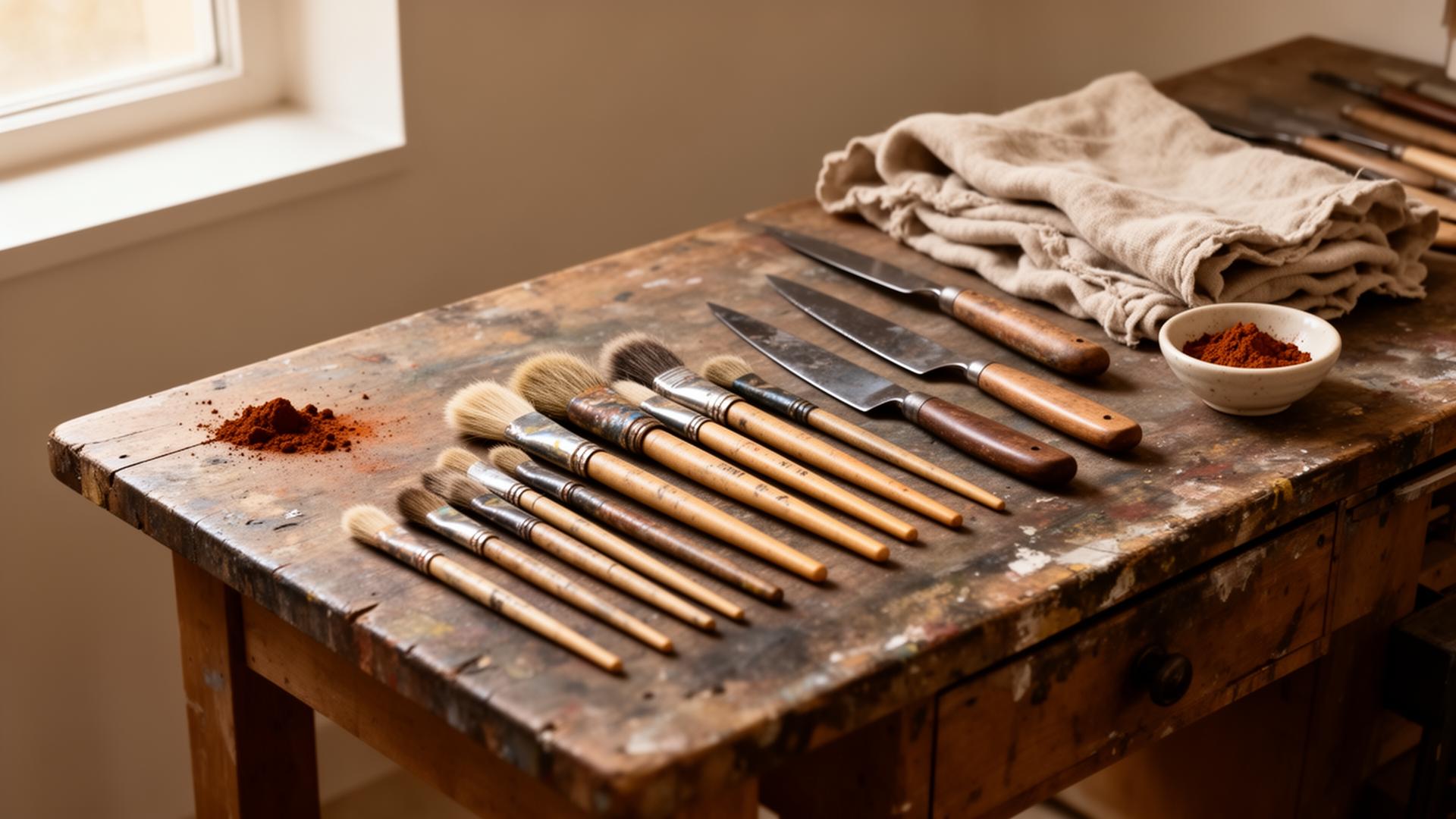 Studio workbench — brushes, palette knives and pigment